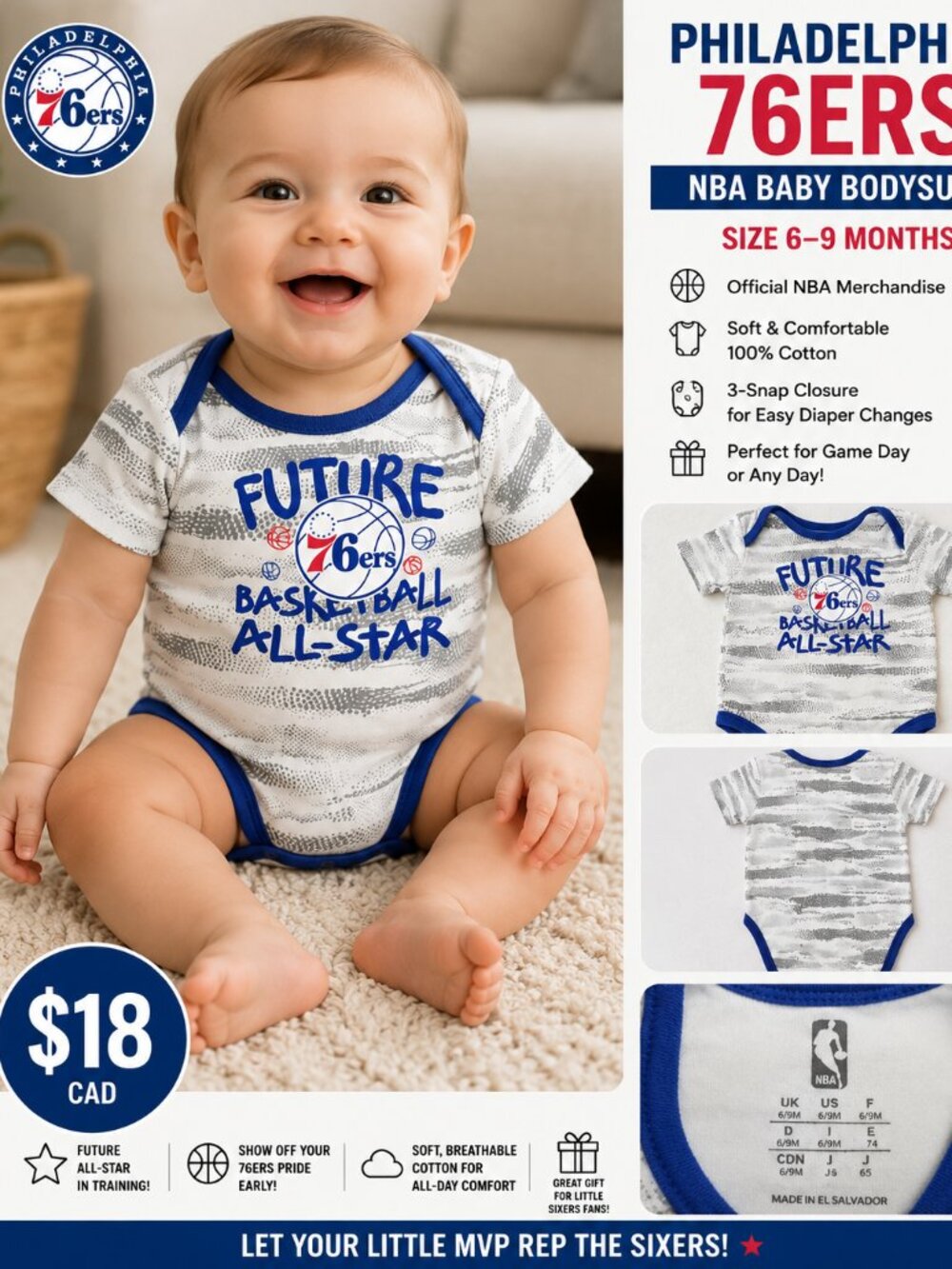🏀 Philadelphia 76ers NBA Baby Bodysuit 6–9 Months – Future Basketball All-Star